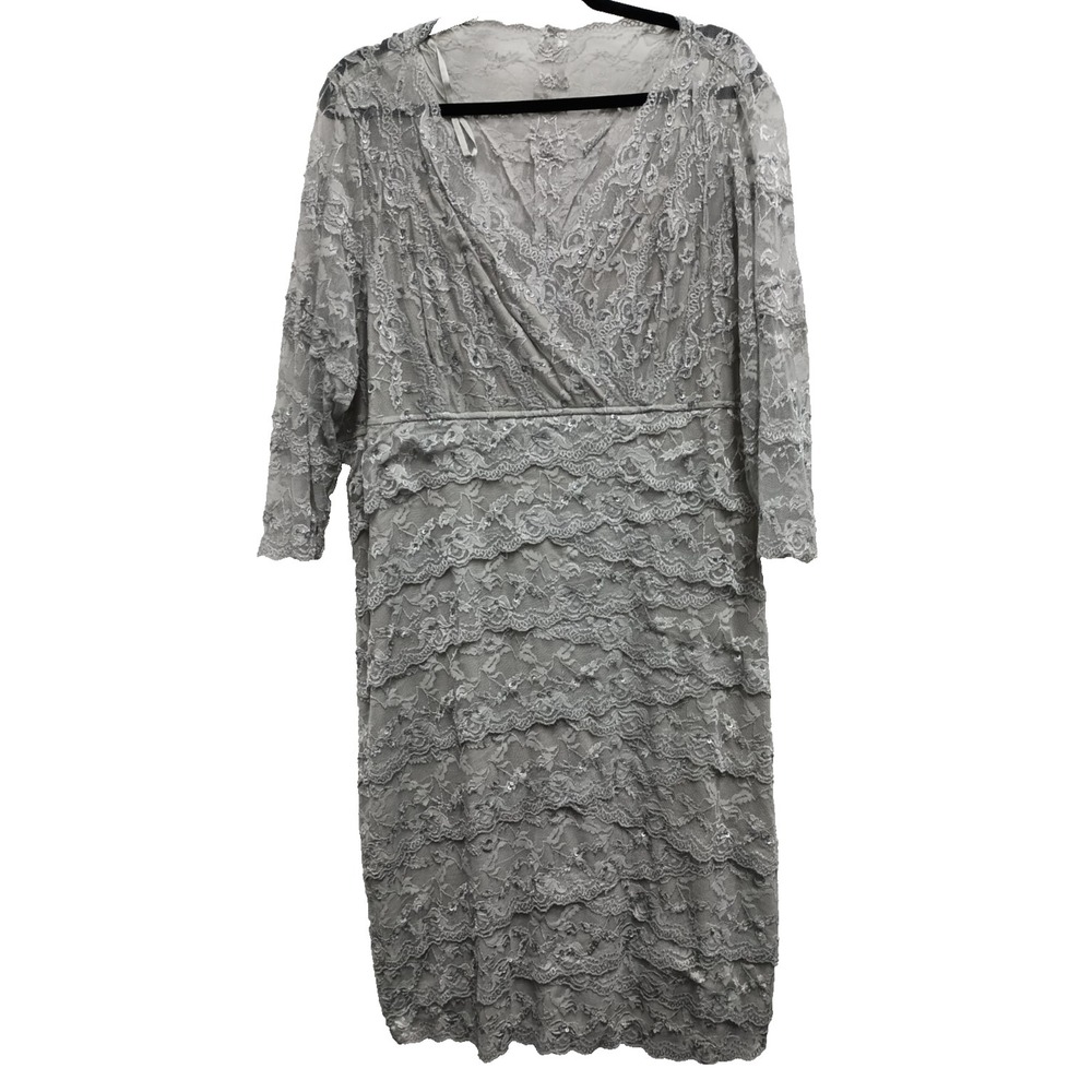 Marina Womens Evening Dress  1X Gray Lace Sequin Tiered Event Wedding 3/4 Sleeve